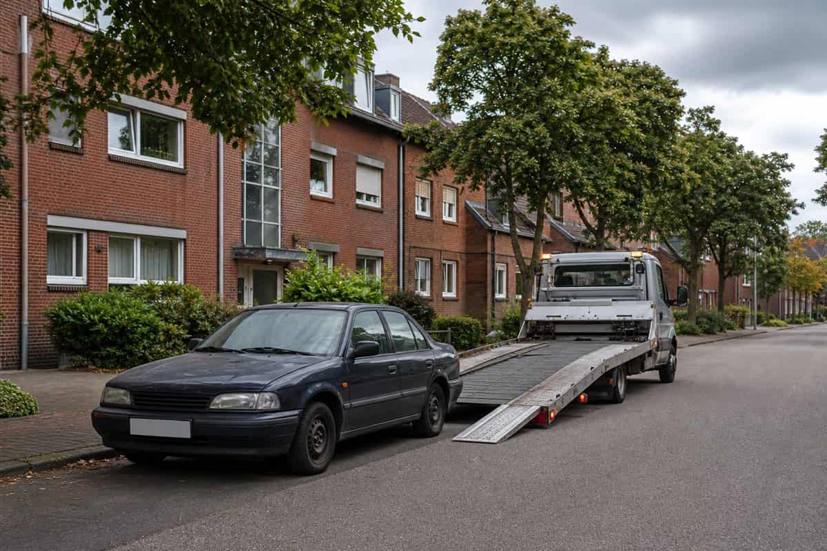 Abschleppwagen neben einem älteren Auto in einem Wohngebiet im Ruhrgebiet
