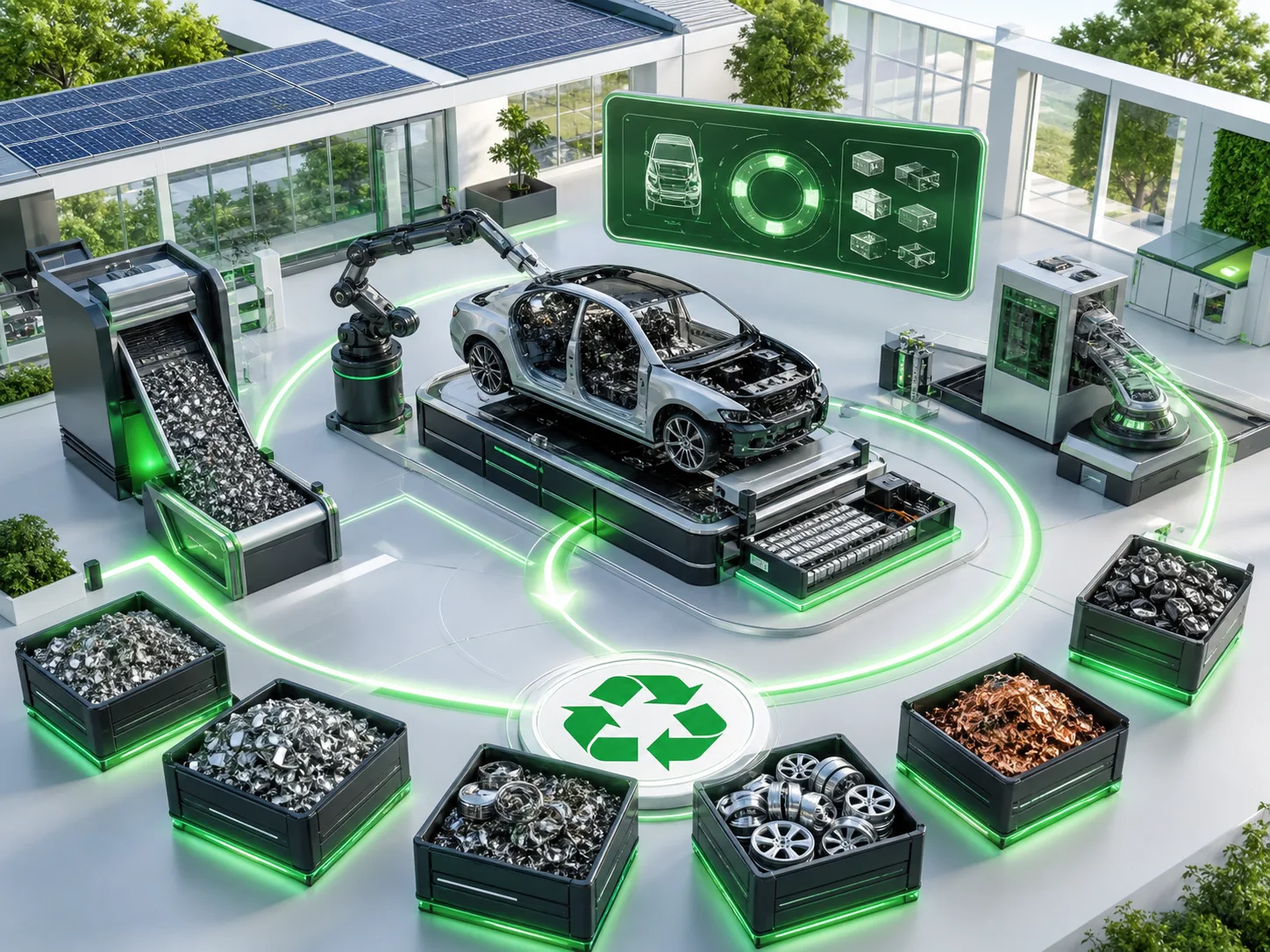 3D Darstellung eines modernen Recyclingprozesses für Fahrzeuge